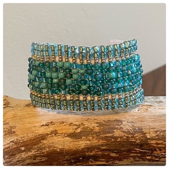 HANDMADE Boho Loom Cuff Bracelet with turquoise and teal beads - Picture 5 of 10